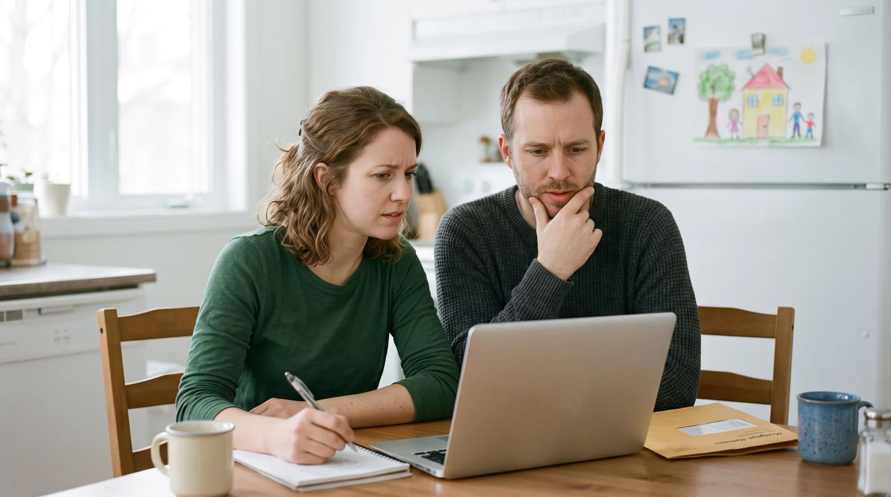 Couple devant son ordinateur portable à la table de cuisine, qui se demande quelle assurance vie choisir pour protéger sa famille.