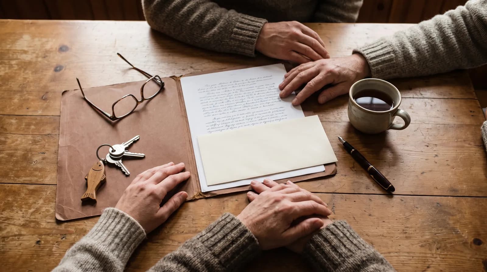 Mains d'un couple posées sur une table de cuisine en bois, près d'un dossier de notaire, de clés de chalet et de lunettes de lecture.
