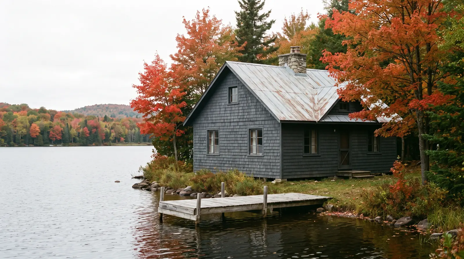 Chalet québécois au bord d'un lac en automne, un bien qui peut générer de l'impôt au décès