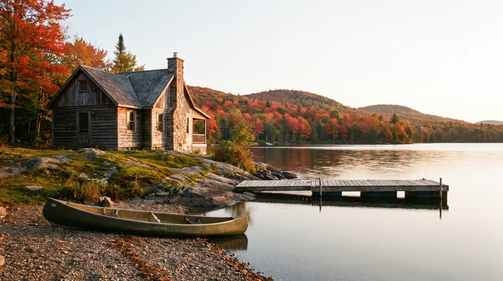 Chalet en bois au bord d'un lac des Laurentides en automne, avec un quai et un canot sur la rive