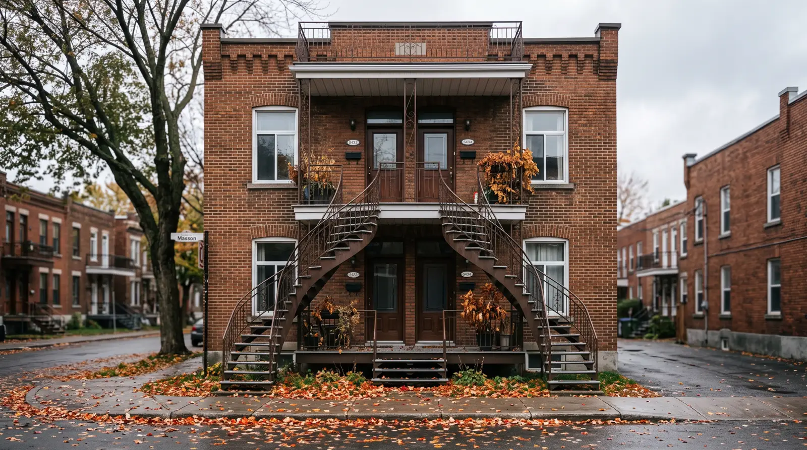 Immeuble à revenus de type plex à Montréal, avec escaliers extérieurs en fer forgé et feuilles d'automne sur le trottoir
