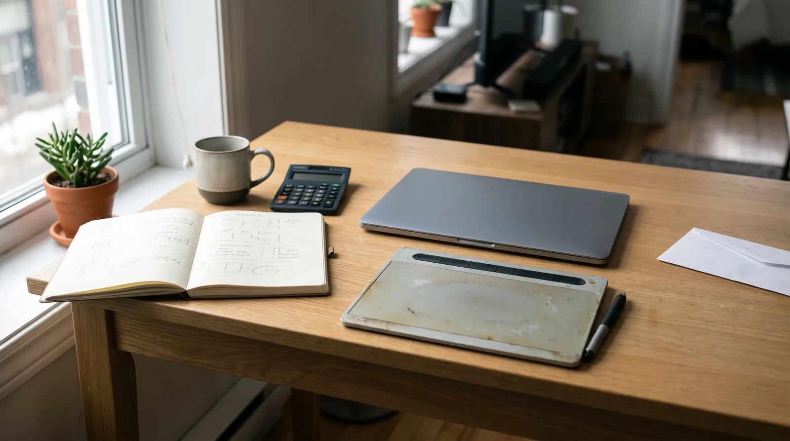 Bureau à domicile d'une travailleuse autonome avec calculatrice, carnet de budget et tablette graphique